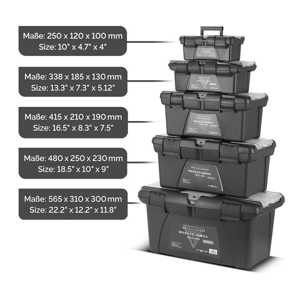 STAHLWERK Toolbox Set mit 5 leeren Werkzeugkisten | Werkzeugbox | Werkzeugkoffer | Werkzeugkasten | Werkzeug-Organizer | 5 in 1 Modul-System mit integrierten Sortimentsboxen