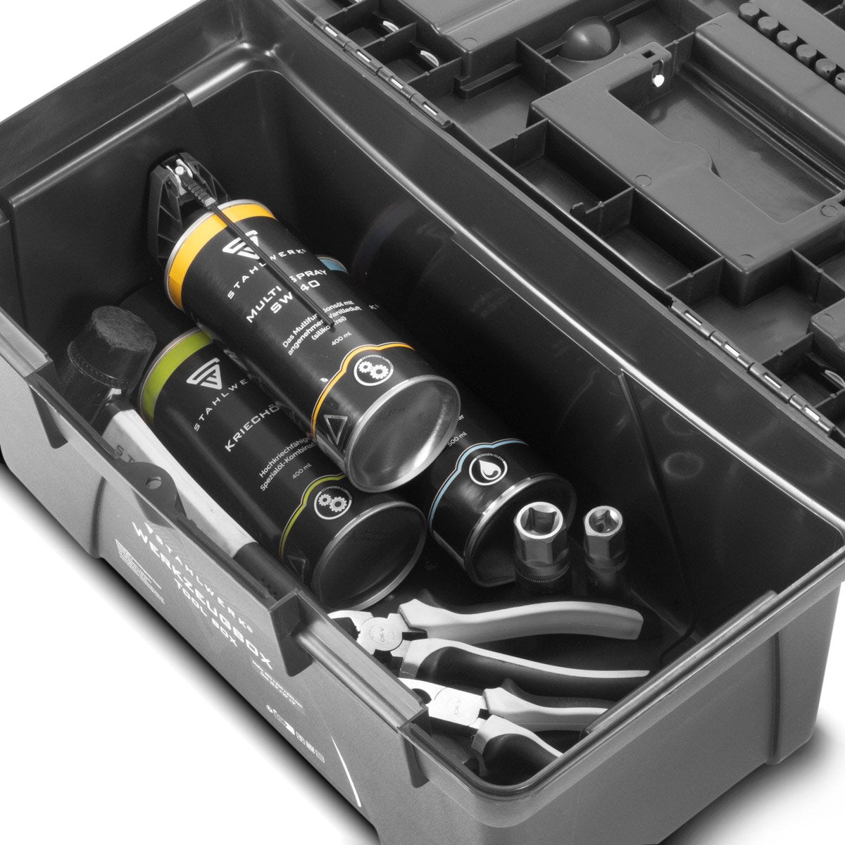STAHLWERK Toolbox Set mit 5 leeren Werkzeugkisten | Werkzeugbox | Werkzeugkoffer | Werkzeugkasten | Werkzeug-Organizer | 5 in 1 Modul-System mit integrierten Sortimentsboxen