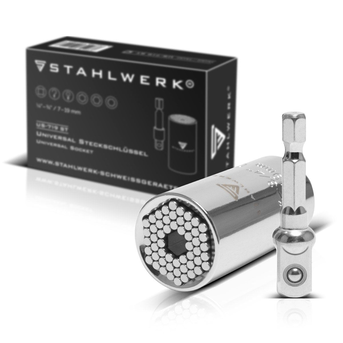 Chiave a bussola universale STAHLWERK Bussola multifunzione da 7-19 mm per cricchetto da 3/8" incluso adattatore per trapano a batteria ed elettrico