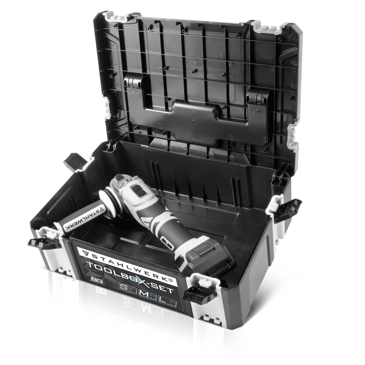 STAHLWERK Universal Toolbox Größe M 443 x 310 x 151 mm stapelbare Systembox | Werkzeugkiste | Werkzeugkoffer | Werkzeug-Organizer im Modul-System aus hochbelastbarem ABS-Kunststoff mit Tragegriff