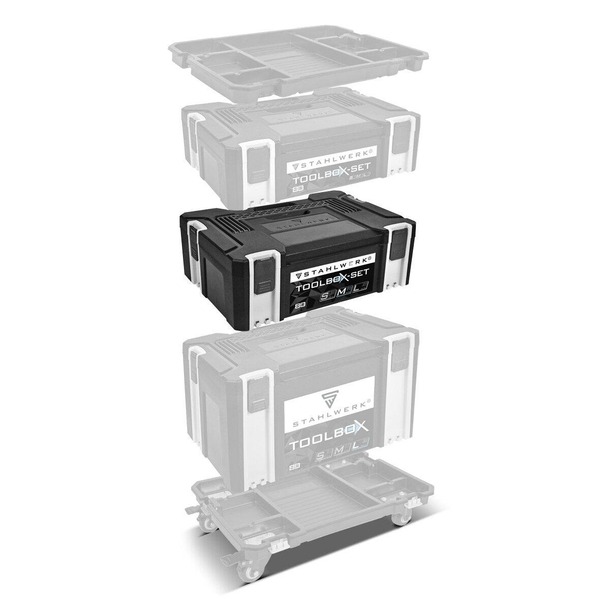 STAHLWERK Universal Toolbox Größe M 443 x 310 x 151 mm stapelbare Systembox | Werkzeugkiste | Werkzeugkoffer | Werkzeug-Organizer im Modul-System aus hochbelastbarem ABS-Kunststoff mit Tragegriff