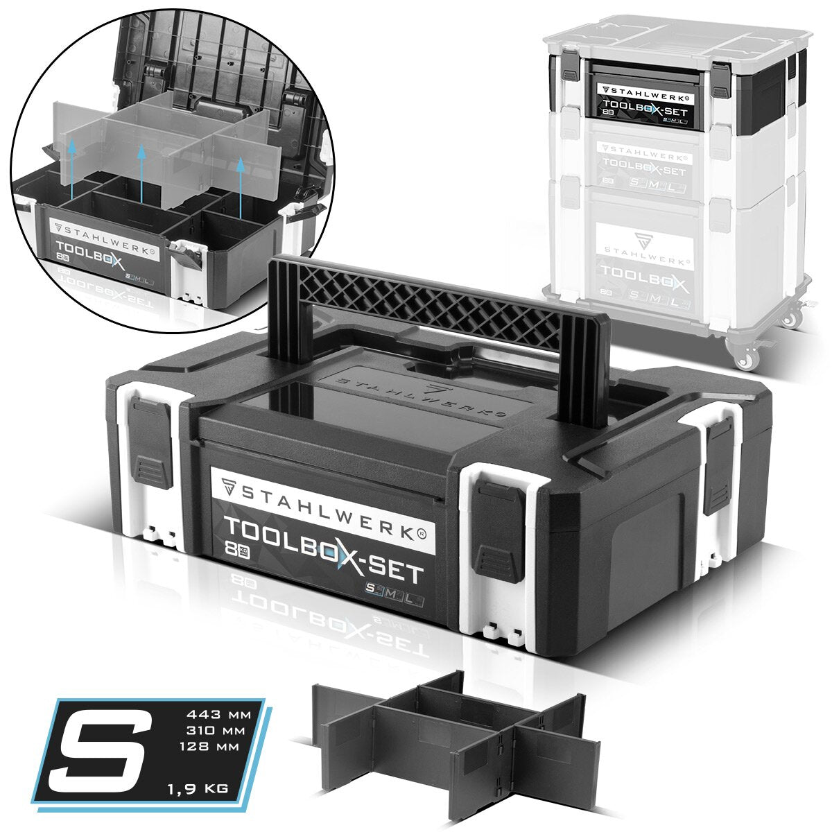 STAHLWERK Universal Toolbox with inner compartment size S 443 x 310 x 128 mm stackable system box | Toolbox | Tool organizer in a modular system made of heavy-duty ABS plastic with a carrying handle