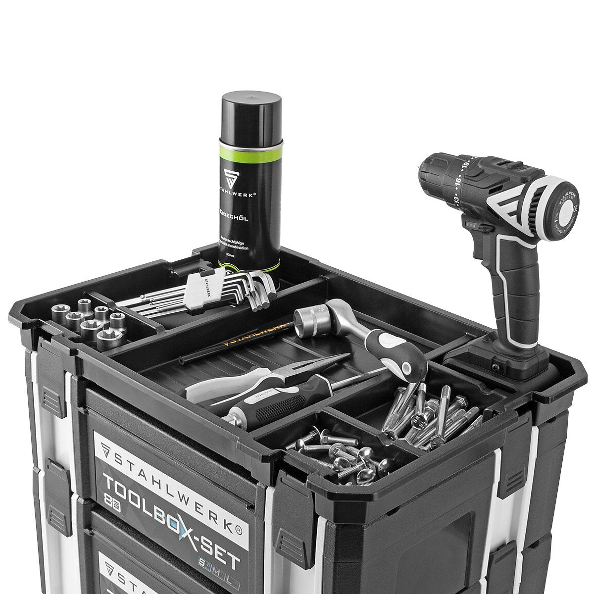STAHLWERK Universal Toolbox Größe S 443 x 310 x 128 mm stapelbare Systembox | Werkzeugkiste | Werkzeugkoffer | Werkzeug-Organizer im Modul-System aus hochbelastbarem ABS-Kunststoff mit Tragegriff