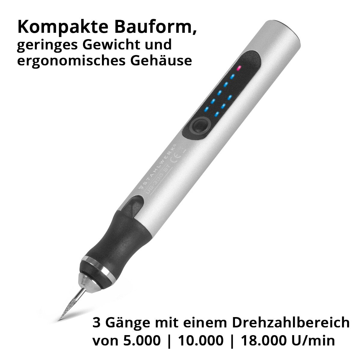 Acciaio in acciaio USB Incisione della penna UG-300 ST con batteria da 8 W incise | GravuRStift | Dispositivo Gravier | Dispositivo a gravi | Miss | Strumento di incisione con 3 marce e fino a 18.000 giri / min per un lavoro di incisore preciso