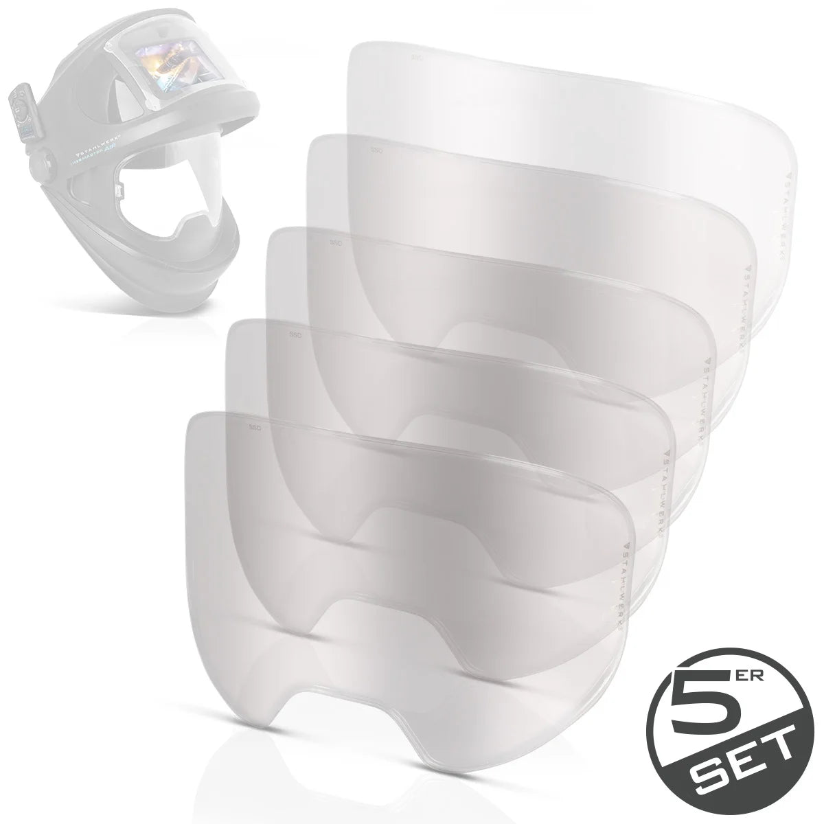 Lentilles de visière intérieure STAHLWERK pour casque de soudage MASTER | Ensemble pratique de 5 | Vitres de protection à haute résistance selon EN ISO 16321 | Verres de remplacement transparents | Protection des yeux et du visage | Grand champ de vision