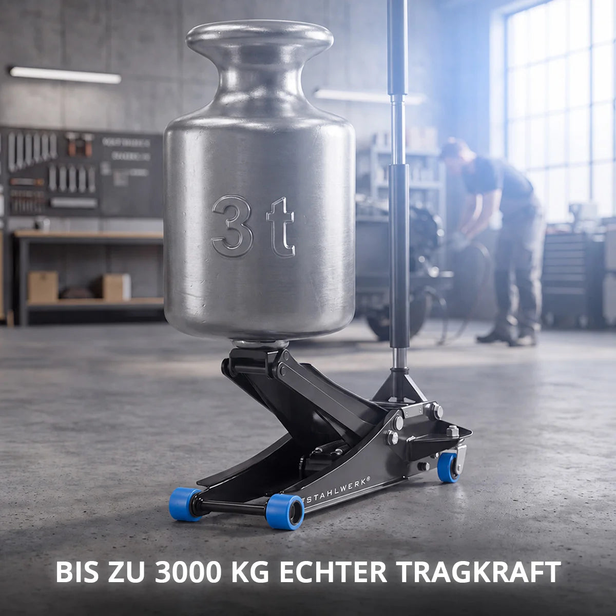 Cric de voiture STAHLWERK WHB-73 ST | Capacité de charge de 3 t | Double piston alternatif | Hauteur de levage 73-500 mm | Cric roulant extra plat | Cric hydraulique | Cric de voiture noir | Rouleaux silencieux bleus | 2 patins en caoutchouc
