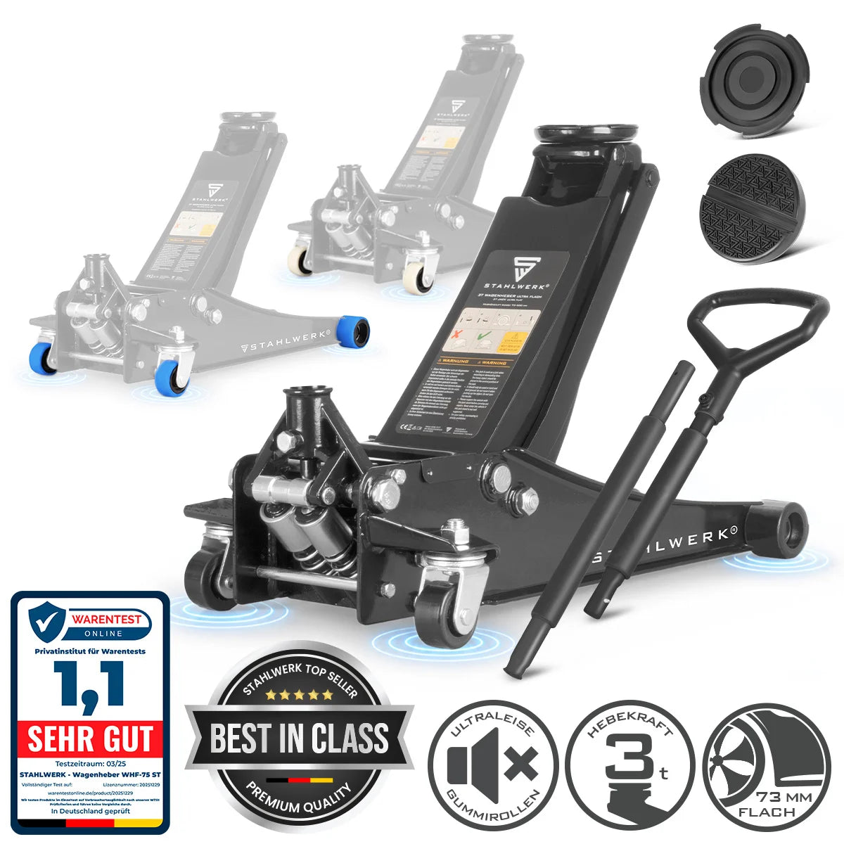 STAHLWERK Wagenheber WHB-73 ST mit 3 t Tragkraft, gummierte Silent-Rollen, Doppelhubkolben und 73-500 mm Hubbereich | Extra flacher Rangierwagenheber | Hydraulik-Wagenheber | Schwarzer Autoheber