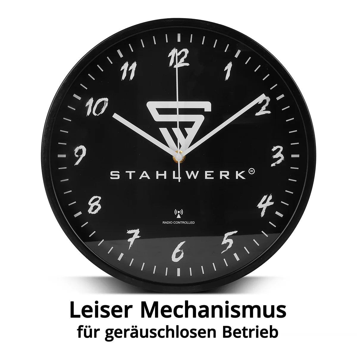 STAHLWERK Wanduhr 30 cm schwarze Werkstattuhr | Funkuhr | Funkwanduhr | Bürouhr | Küchenuhr mit Aluminium-Gehäuse und RCC-Uhrwerk