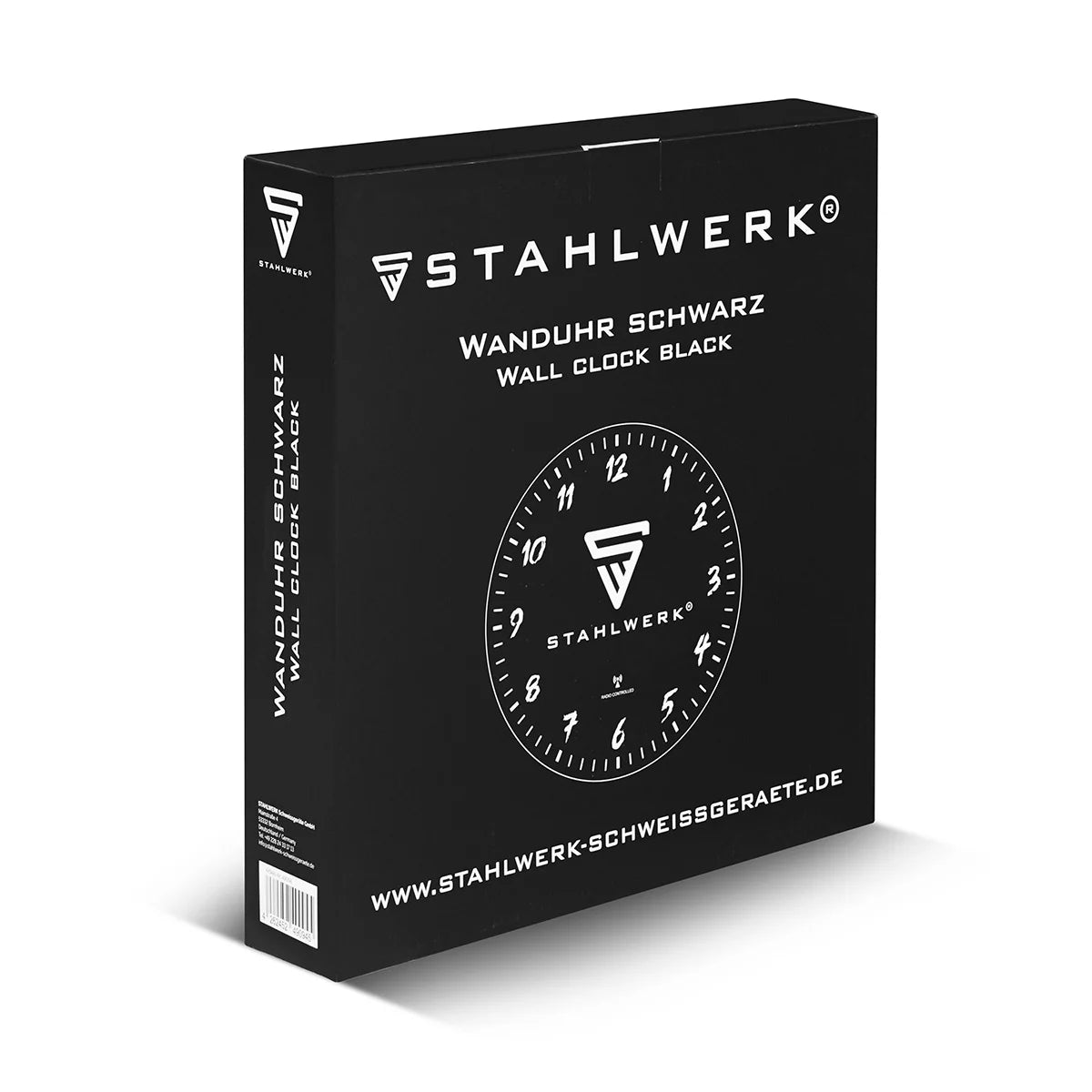 STAHLWERK Wanduhr 30 cm schwarze Werkstattuhr | Funkuhr | Funkwanduhr | Bürouhr | Küchenuhr mit Aluminium-Gehäuse und RCC-Uhrwerk