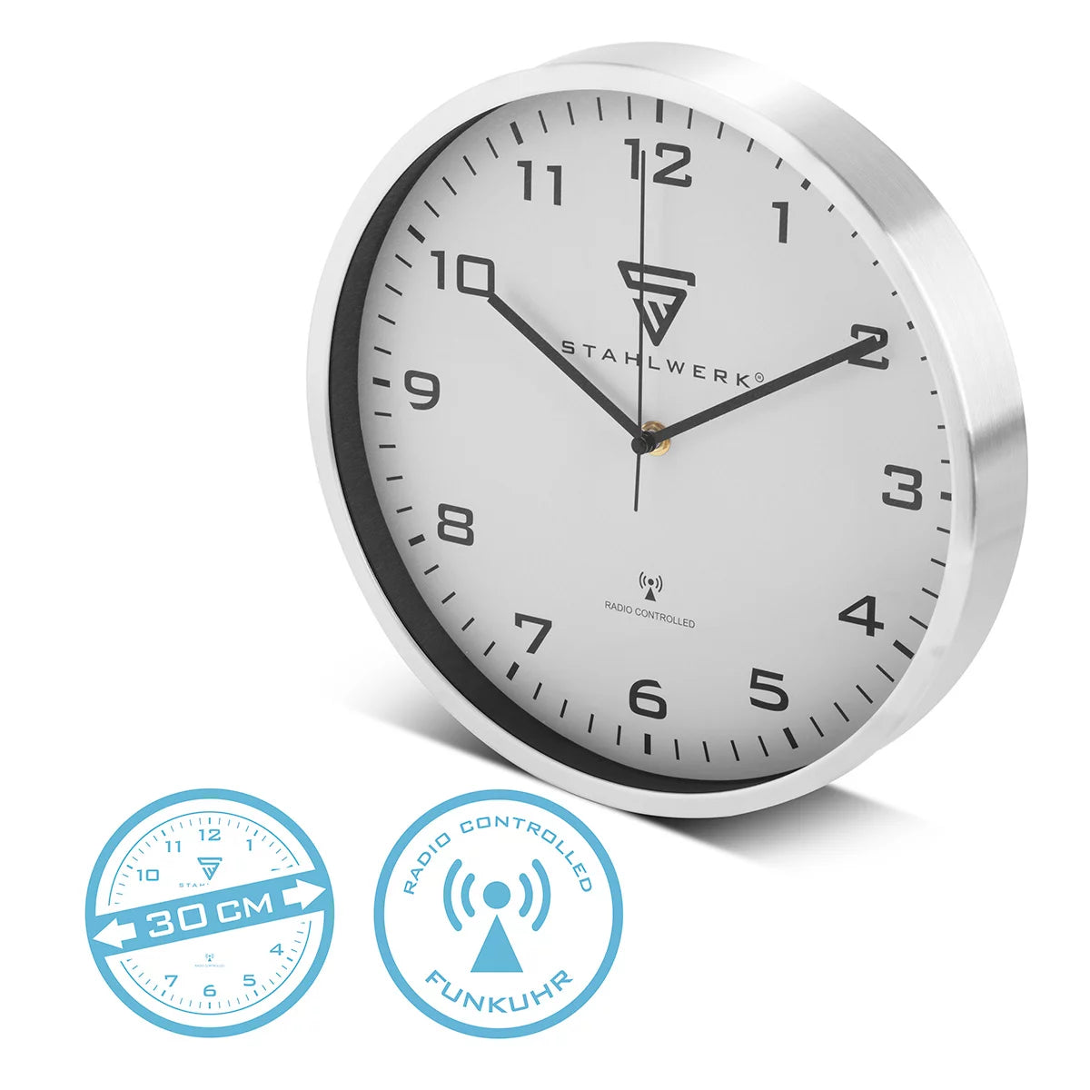 Orologio da parete STAHLWERK 30 cm orologio da officina argento | Orologio radiocontrollato | Orologio da parete radiofonico | Orologio da ufficio | Orologio da cucina con cassa in alluminio e movimento RCC