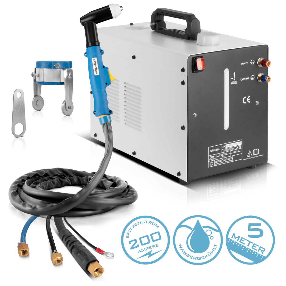 Torche de découpe plasma refroidie à l'eau STAHLWERK WSD-200 jusqu'à 200 A Torche de découpe CUT | Torche à plasma avec paquet de tuyaux de 5 m et entretoise séparée, y compris refroidisseur d'eau de 370 W et réservoir de 6 L