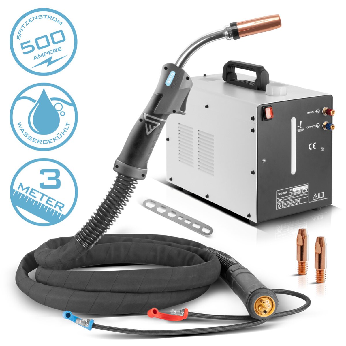 STAHLWERK water-cooled MIG MAG welding torch AK501D | MB501D up to 500 A with 3 m inert gas hose package and Euro central connection including water cooler with 370 W and 6 L tank