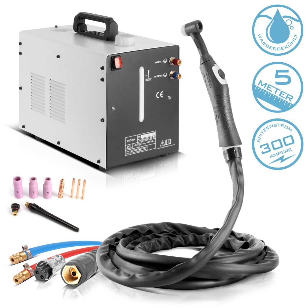 STAHLWERK water-cooled TIG welding torch WP18 | SR18 up to 300 A with 5 m inert gas hose package including water cooler with 370 W and 6 L tank