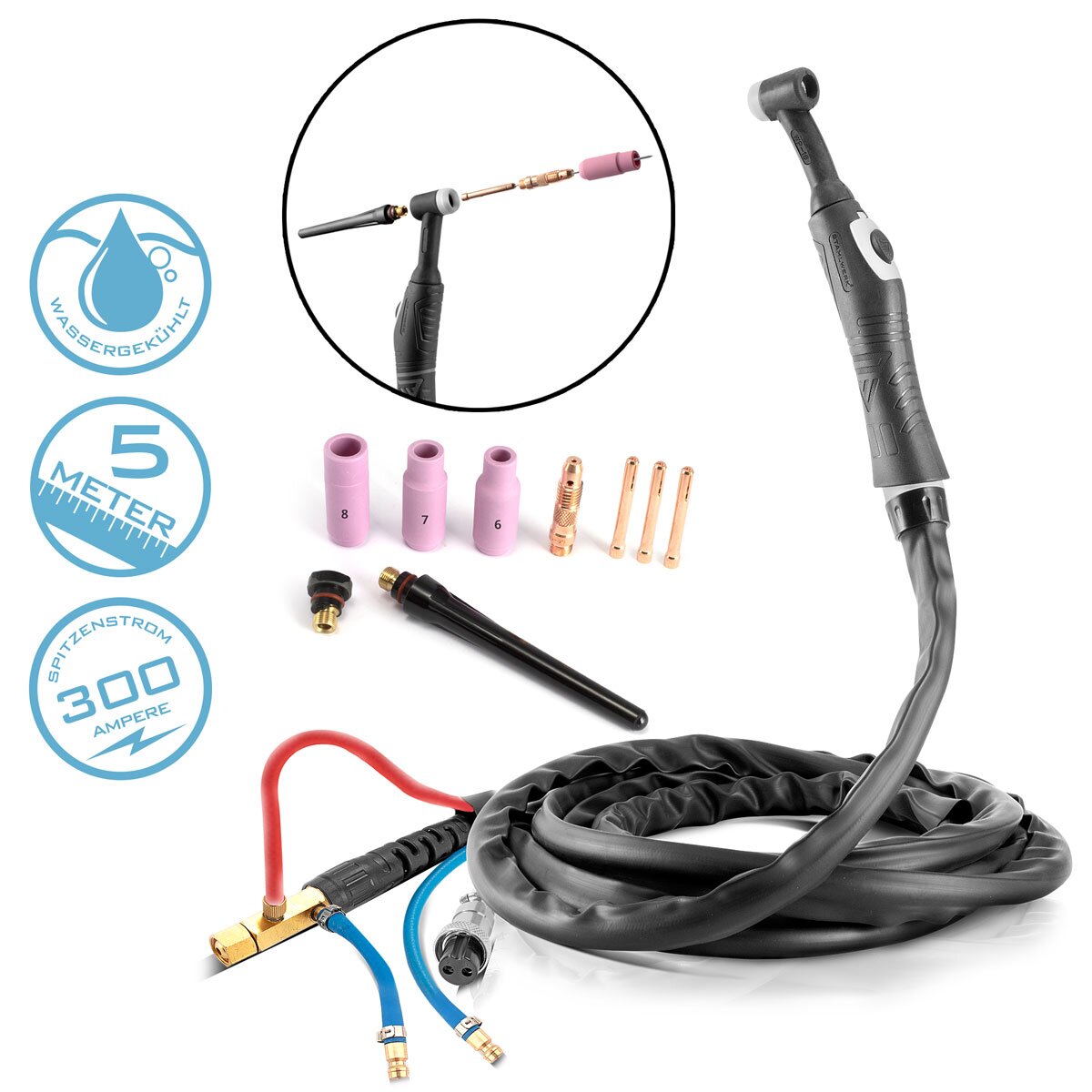 Torcia per saldatura TIG raffreddata ad acqua STAHLWERK WP18 | SR18 fino a 300 A con pacco di tubi per gas inerte da 5 m per saldatrici TIG