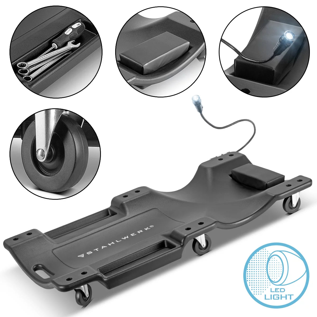 Planche à roulettes pour véhicule STAHLWERK RCL-40 ST avec éclairage LED intégré, capacité de charge de 500 kg et 6 roues mobiles, planche à roulettes de montage | Canapé d'assemblage | Planche à roulettes d'atelier | Canapé d'atelier en plastique robuste