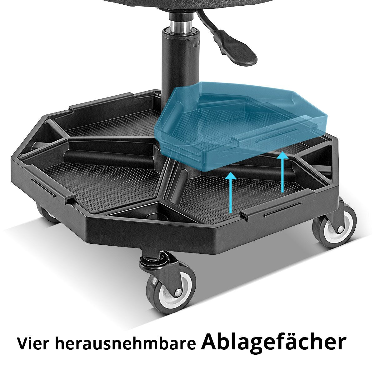 STAHLWERK Höhenverstellbarer Werkstatthocker WRH-136 ST bis 136 kg belastbar, 40-54 cm Sitzhöhe, mit vier herausnehmbaren Ablagefächern, Rollsitz / Rollhocker mit kugelgelagerten Leichtlauf-Lenkrollen