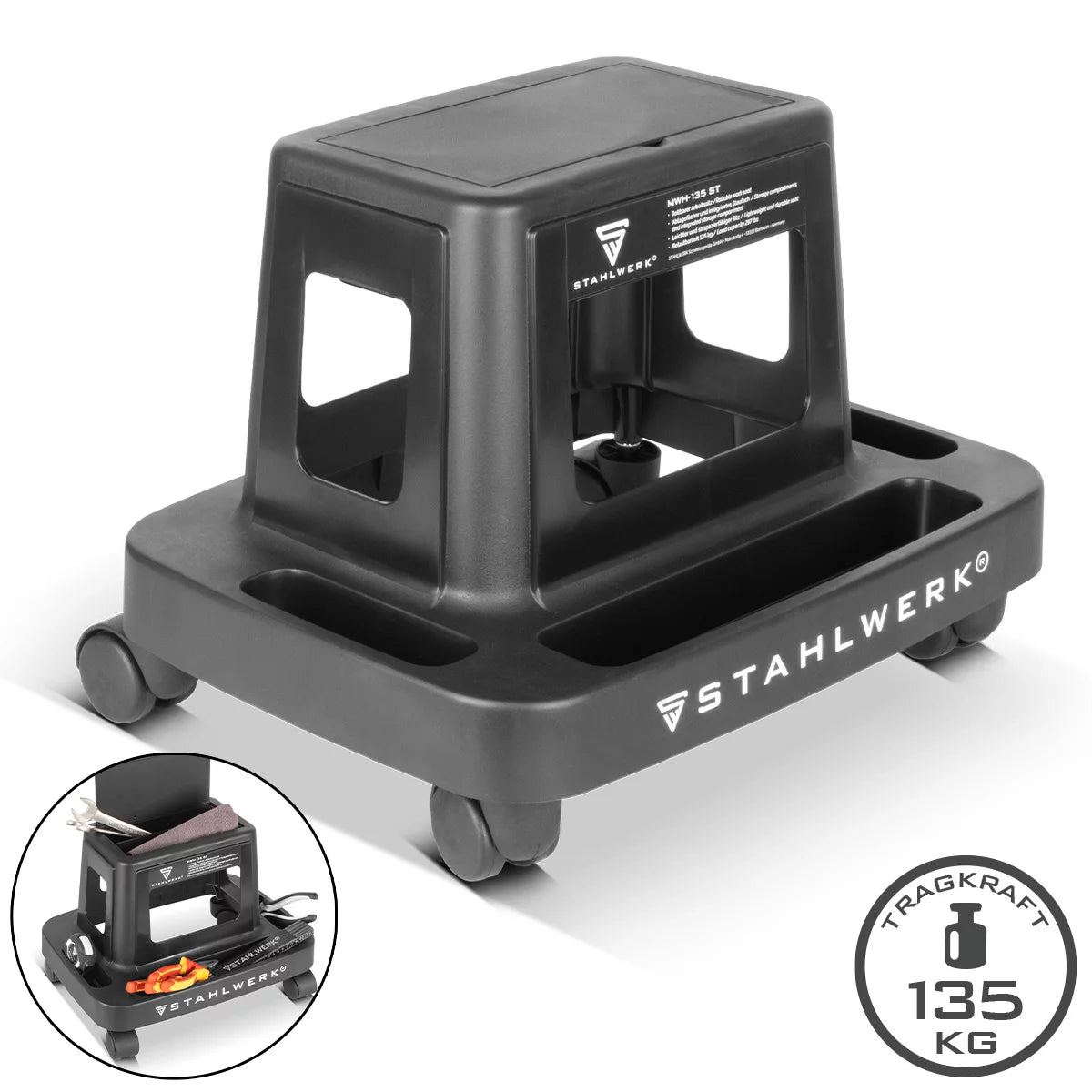 STAHLWERK Werkstatthocker MWH-135 ST | 135 kg Tragkraft | Rollbarer Werkstattsitz mit Lenkrollen und Innenfach | Leichter Werkstattstuhl | Robuster Werkstattrollhocker mit Ablagemulden