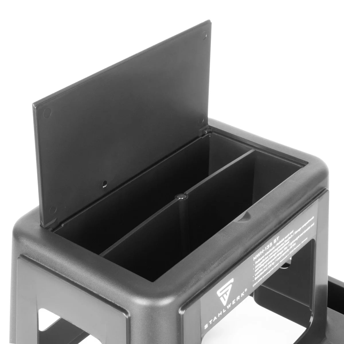 Taburete de taller STAHLWERK MWH-135 ST | Capacidad de carga de 135 kg | Asiento de taller enrollable con ruedas giratorias y compartimento interior | Silla de taller ligera | Robusto taburete de taller con ruedas y huecos para guardar cosas