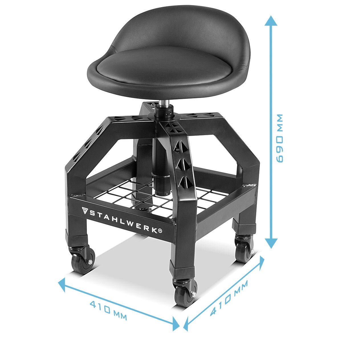 STAHLWERK Height-adjustable workshop stool VWH-300 ST with large storage compartment, can hold up to 136 kg, 59-76 cm seat height, rolling seat / rolling stool with ball-bearing smooth-running swivel castors