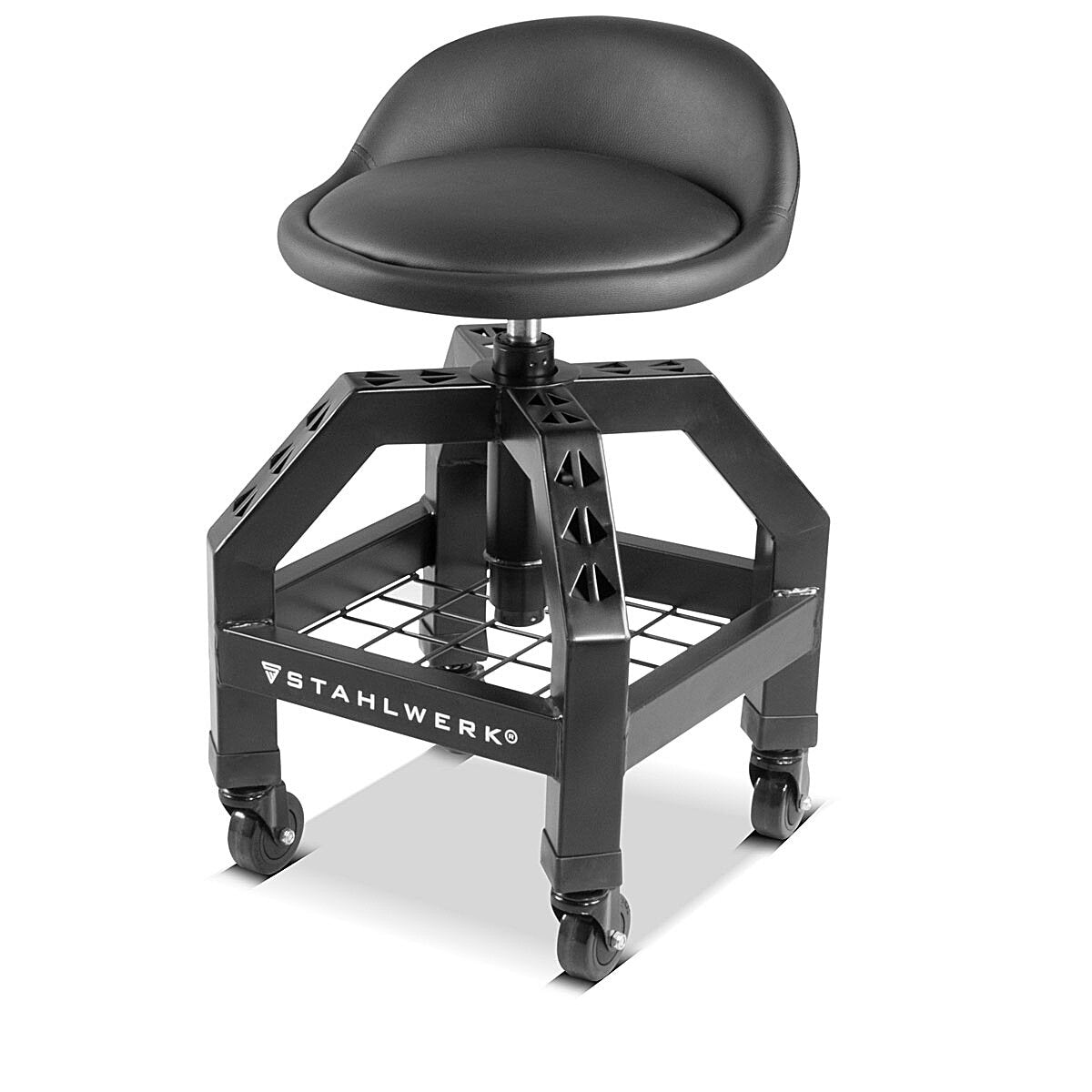 STAHLWERK Height-adjustable workshop stool VWH-300 ST with large storage compartment, can hold up to 136 kg, 59-76 cm seat height, rolling seat / rolling stool with ball-bearing smooth-running swivel castors