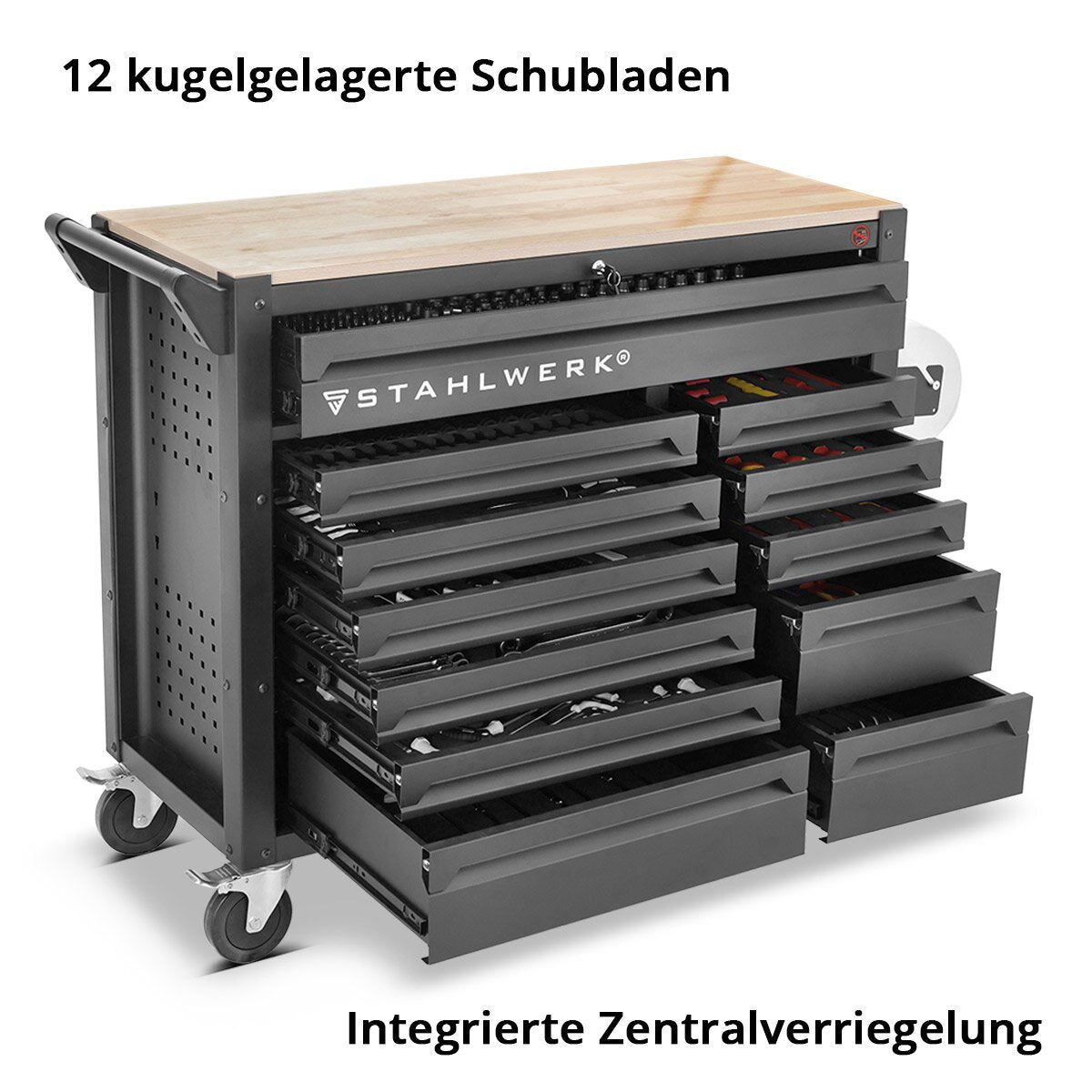STAHLWERK Werkstattwagen DINO bestückt mit 364 Premium-Werkzeugen aus Chrom-Vanadium abschließbarer XXL Werkzeugwagen | Profi Montagewagen mit 12 Schubladen und gummierten Long-Life-Rollen