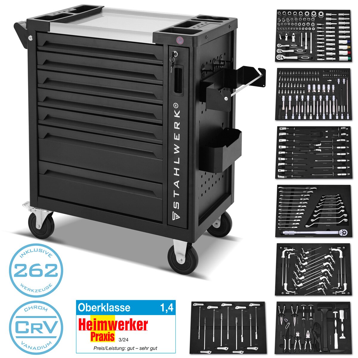 Carrello da officina STAHLWERK PHOENIX dotato di 262 utensili premium in cromo vanadio carrello portautensili con serratura | Carrello da montaggio professionale con 7 cassetti, estrazione laterale e ruote gommate a lunga durata