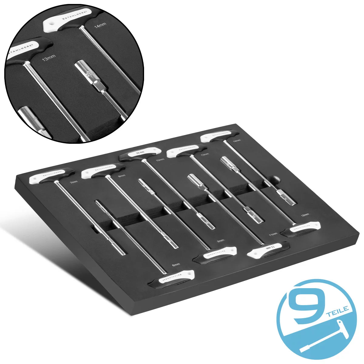 STAHLWERK 9-piece T-handle socket wrench set with foam insert for workshop trolleys | High-quality tools in tool trolley insert | High torsional load | All common sizes