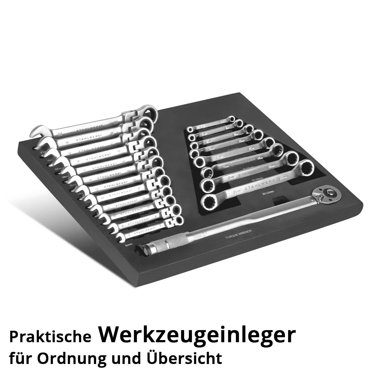 STAHLWERK 21-teiliges Schraubenschlüssel-Set mit Schaumstoffeinlage |Für Werkstattwagen |Drehmomentschlüssel und Ringschlüssel-Satz | Inklusive neigbare Maulschlüssel | Werkzeugwageneinlage