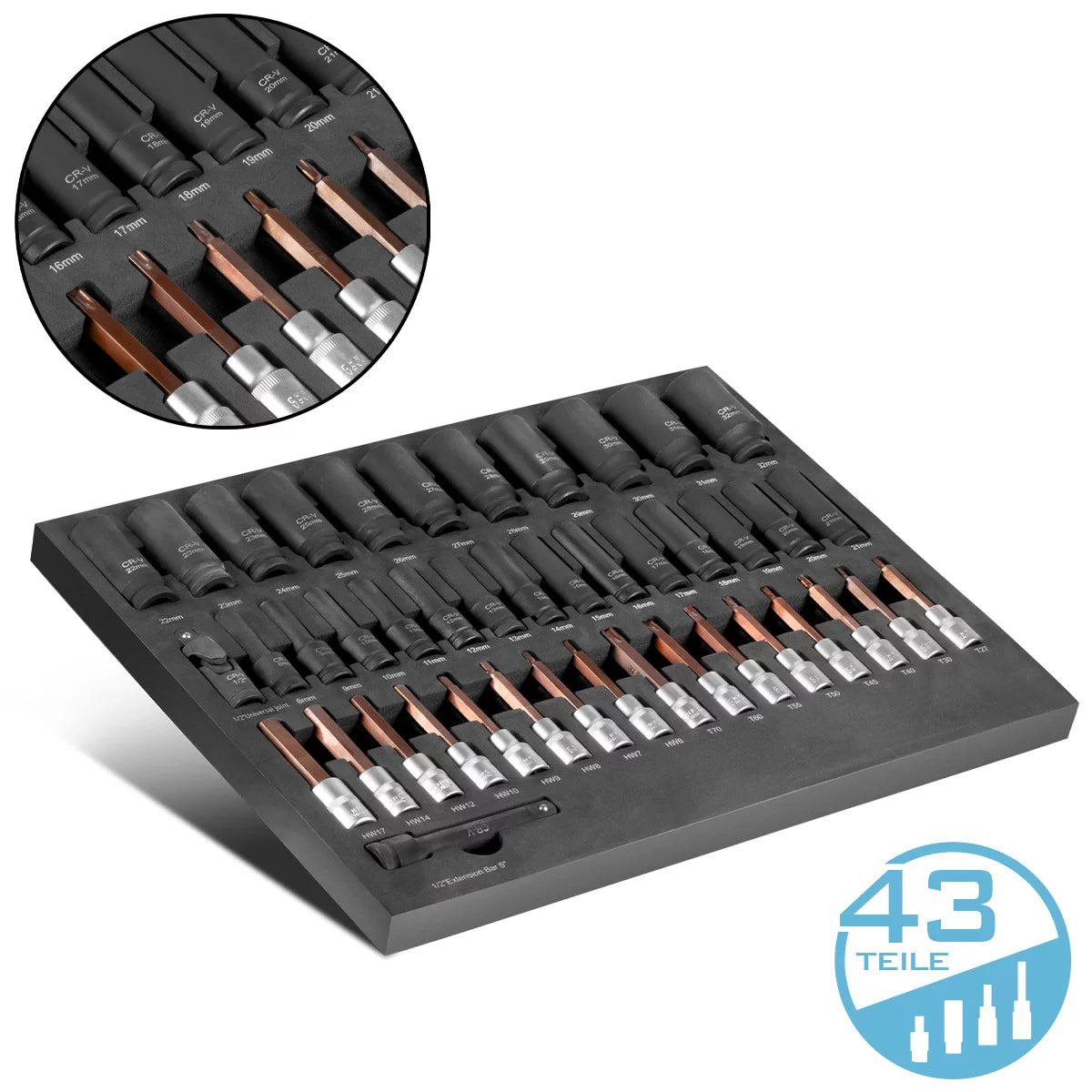 STAHLWERK 43-piece socket wrench set in foam insert for workshop trolleys | High-quality hex keys inside and outside with 1/2" holder | High torsional load | All common sizes