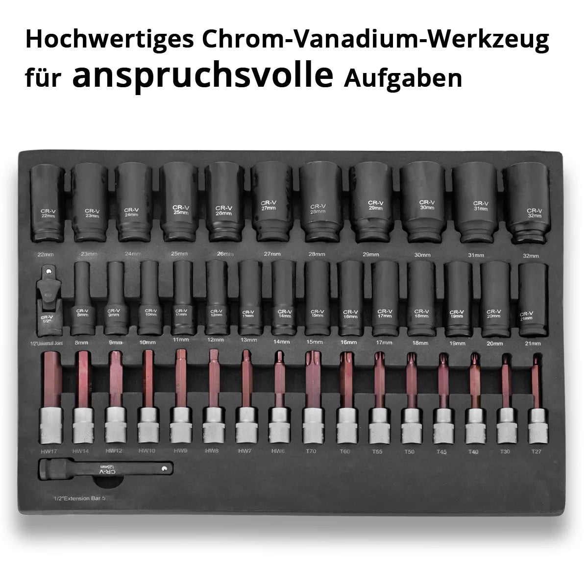 STAHLWERK 43-piece socket wrench set in foam insert for workshop trolleys | High-quality hex keys inside and outside with 1/2" holder | High torsional load | All common sizes