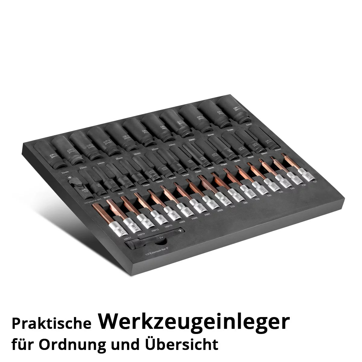 STAHLWERK 43-teiliges Steckschlüssel-Set in Schaumstoffeinlage für Werkstattwagen | Hochwertige Sechskantschlüssel innen und außen mit 1/2" Aufnahme | Hohe Torsionsbelastung |Alle gängigen Größen