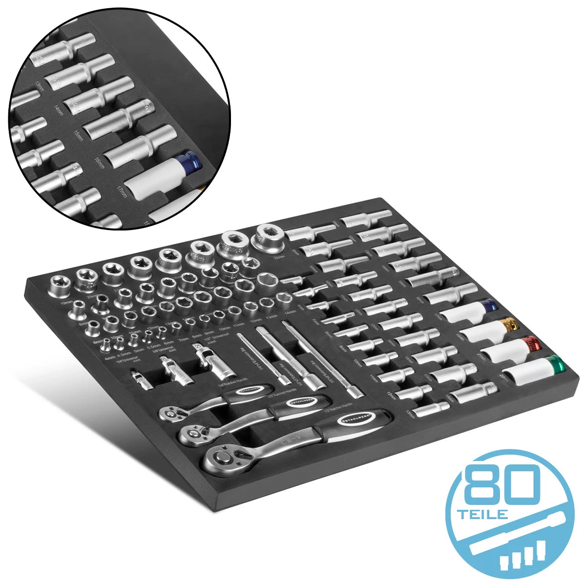 STAHLWERK 80-piece professional socket wrench set in workshop trolley insert | High quality CrV tool | Tool trolley insert | Perfect organization | Ratchet and ratchet set | 1/4", 3/8", 1/2"