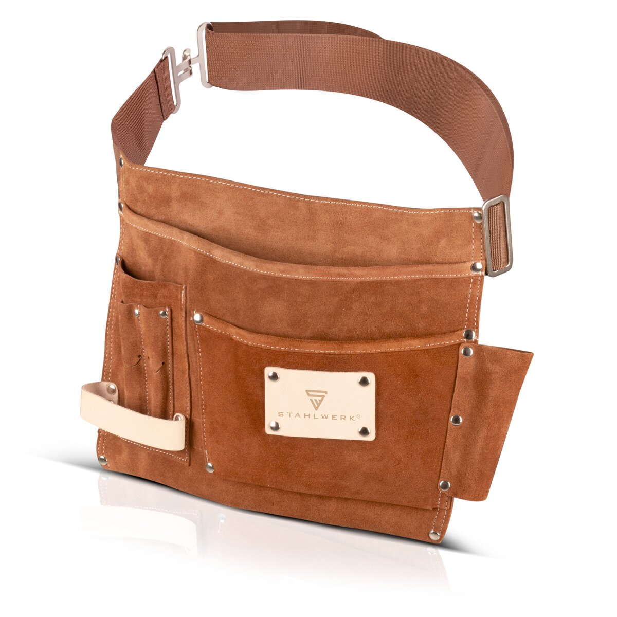 STAHLWERK tool belt made of genuine suede with 3 pockets, 3 pockets and 1 hammer holder | robust belt bag with durable workmanship | Tool bag with adjustable quick-release belt