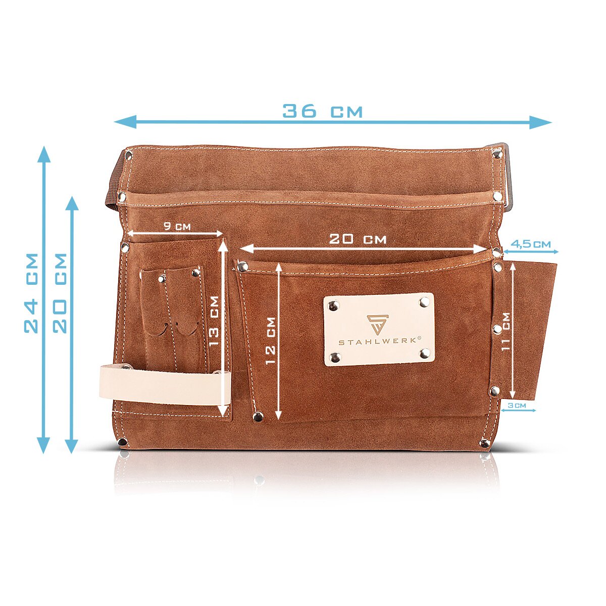 STAHLWERK tool belt made of genuine suede with 3 pockets, 3 pockets and 1 hammer holder | robust belt bag with durable workmanship | Tool bag with adjustable quick-release belt