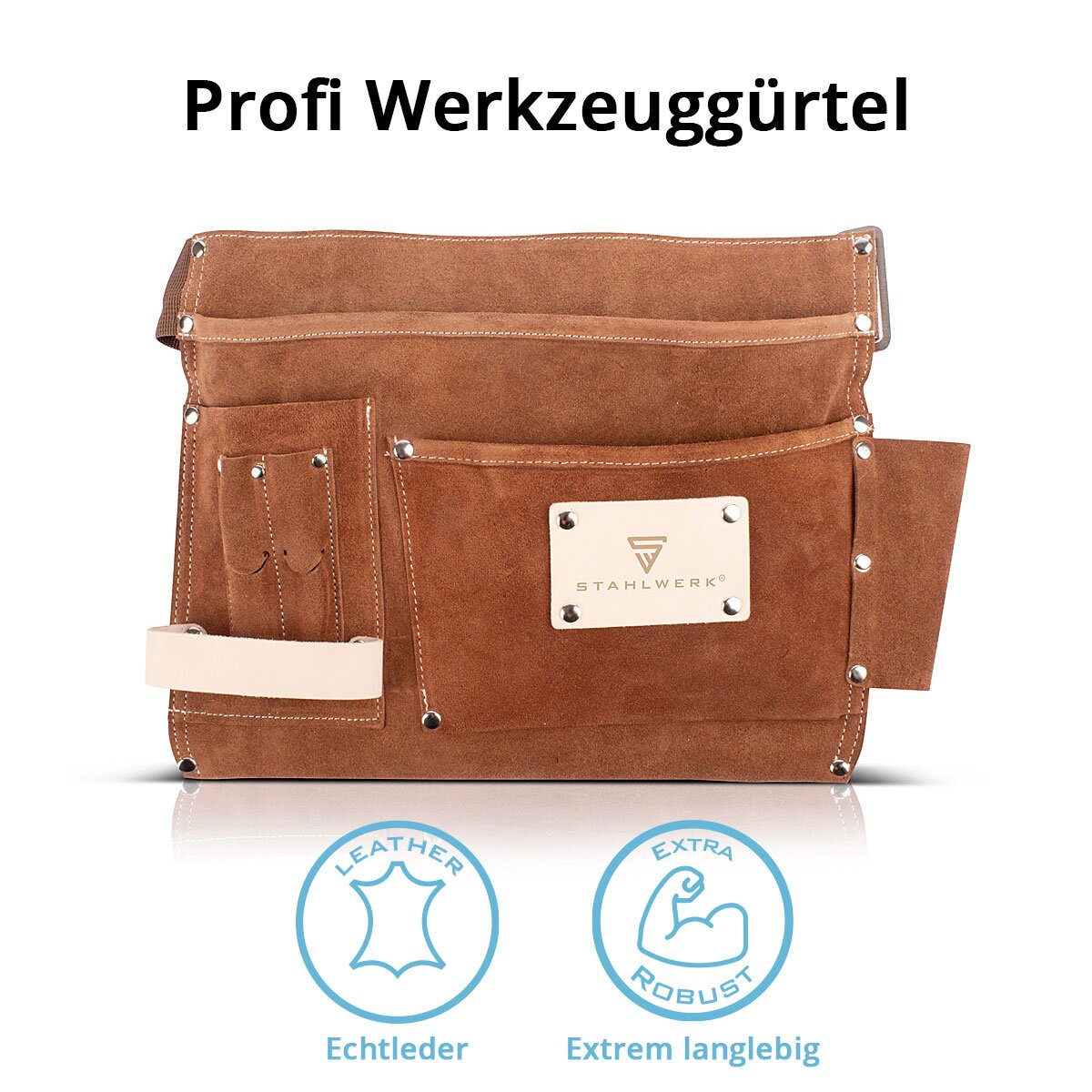 STAHLWERK tool belt made of genuine suede with 3 pockets, 3 pockets and 1 hammer holder | robust belt bag with durable workmanship | Tool bag with adjustable quick-release belt