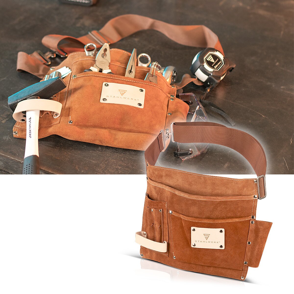 STAHLWERK tool belt made of genuine suede with 3 pockets, 3 pockets and 1 hammer holder | robust belt bag with durable workmanship | Tool bag with adjustable quick-release belt