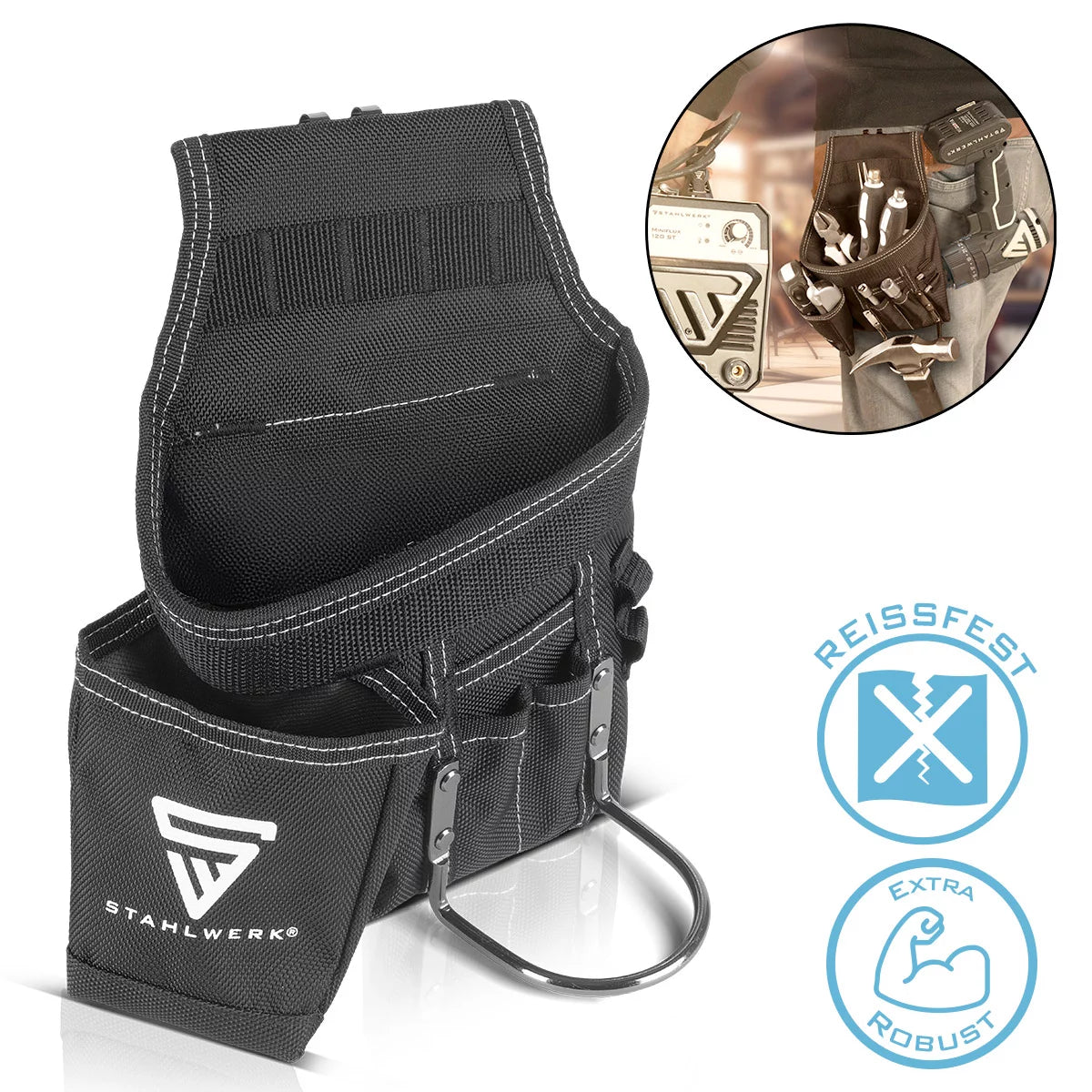 STAHLWERK Werkzeuggürtel aus robustem Polyestergewebe | multifunktionale Werkzeug Gürteltasche mit großzügigem Stauraum, Hammerhalter, Maßbandhalter | Handwerkergürtel | Werkzeugtasche