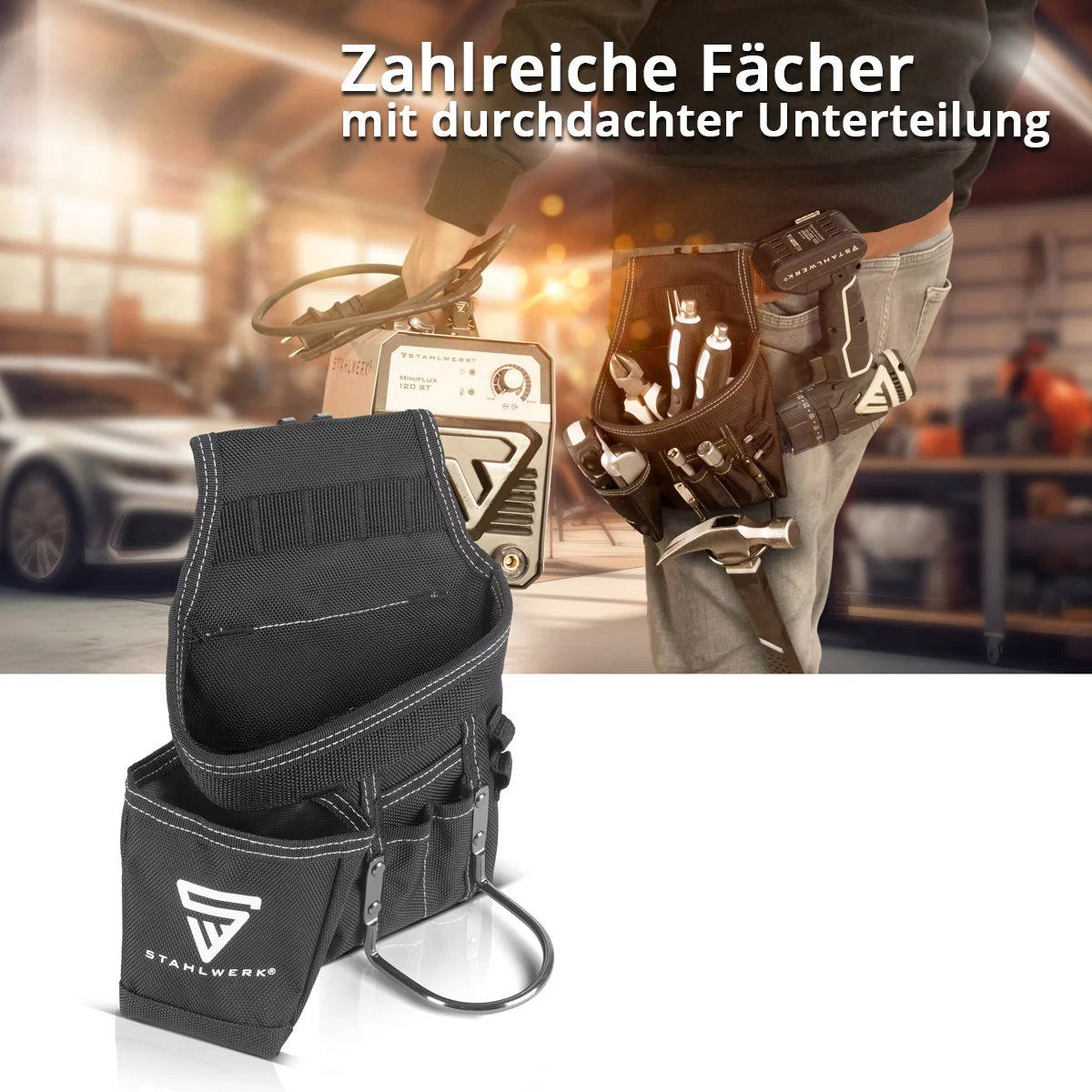 STAHLWERK Werkzeuggürtel aus robustem Polyestergewebe | multifunktionale Werkzeug Gürteltasche mit großzügigem Stauraum, Hammerhalter, Maßbandhalter | Handwerkergürtel | Werkzeugtasche