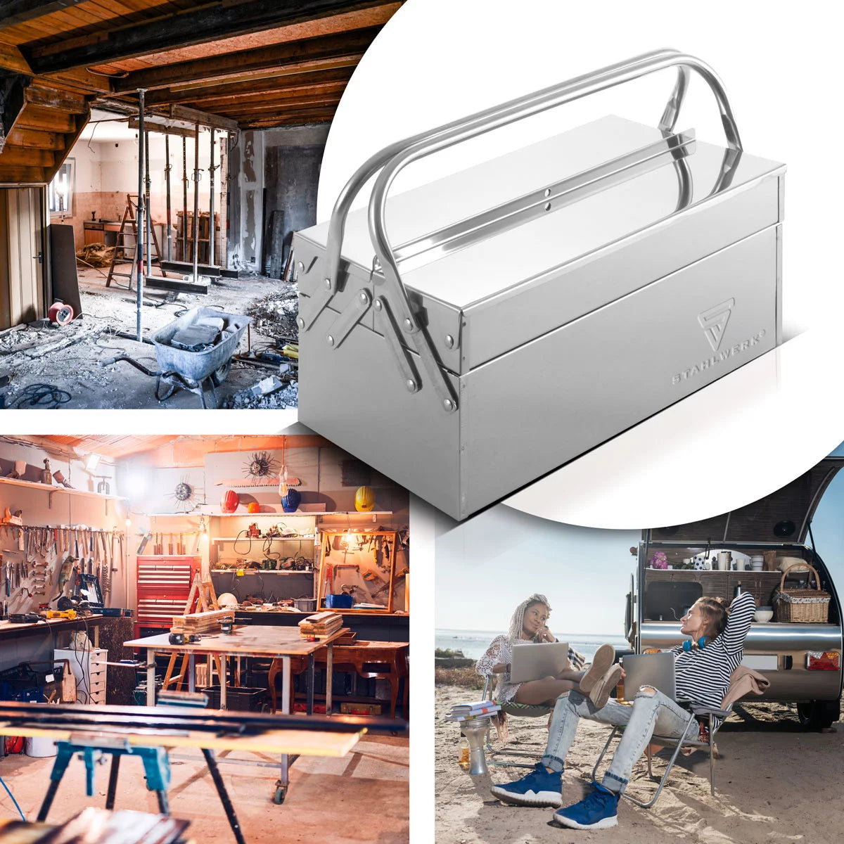 STAHLWERK tool box made of stainless steel | Metal tool box, extendable to the side | high-quality tool box empty with 3 compartments | Space-saving tool organizer without tools