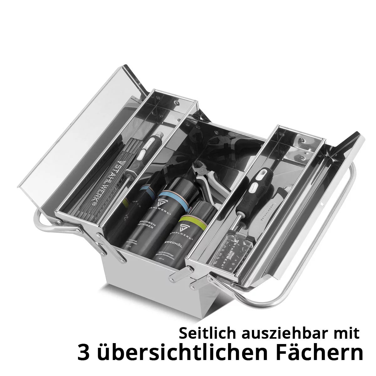 STAHLWERK tool box made of stainless steel | Metal tool box, extendable to the side | high-quality tool box empty with 5 compartments | Space-saving tool organizer without tools