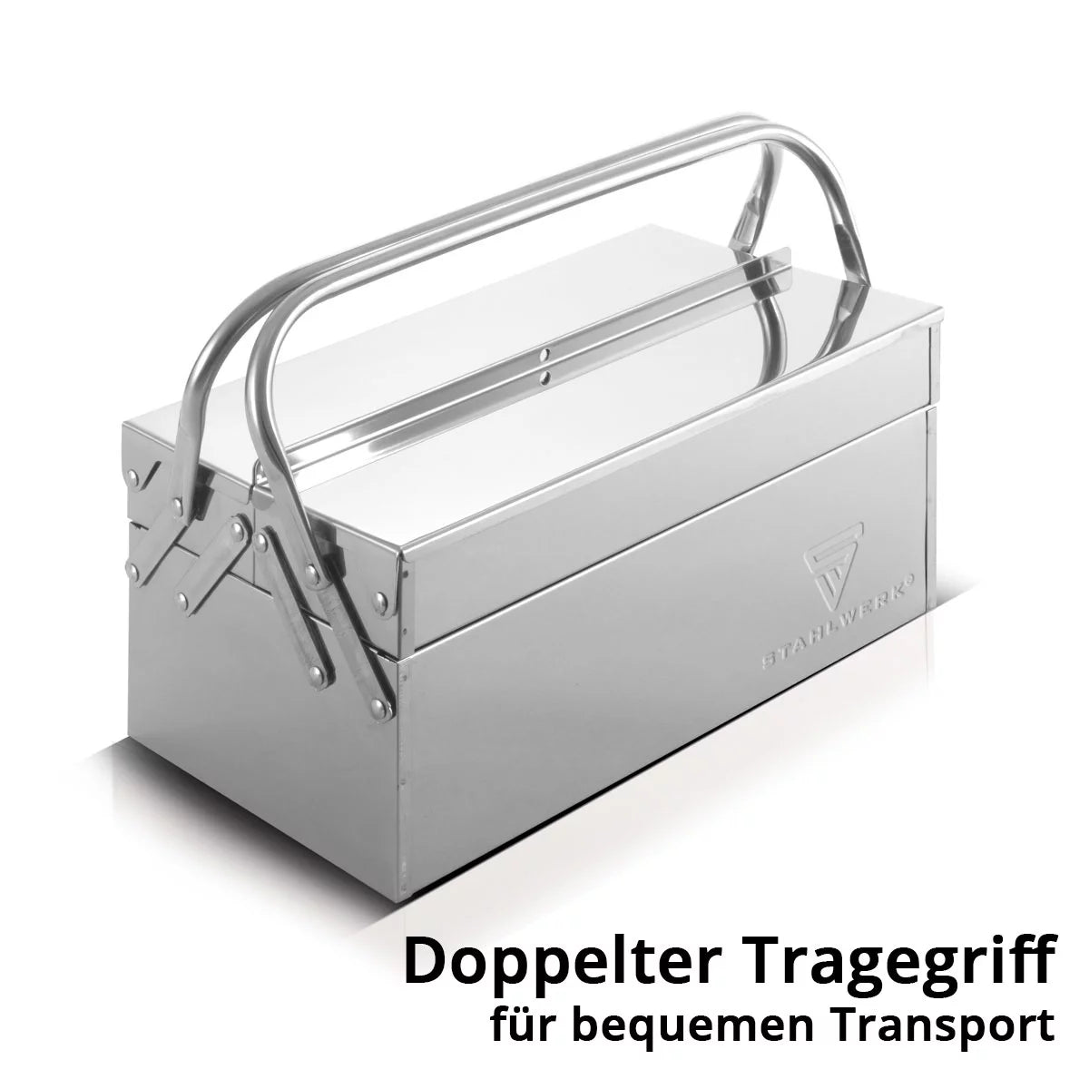 STAHLWERK tool box made of stainless steel | Metal tool box, extendable to the side | high-quality tool box empty with 3 compartments | Space-saving tool organizer without tools
