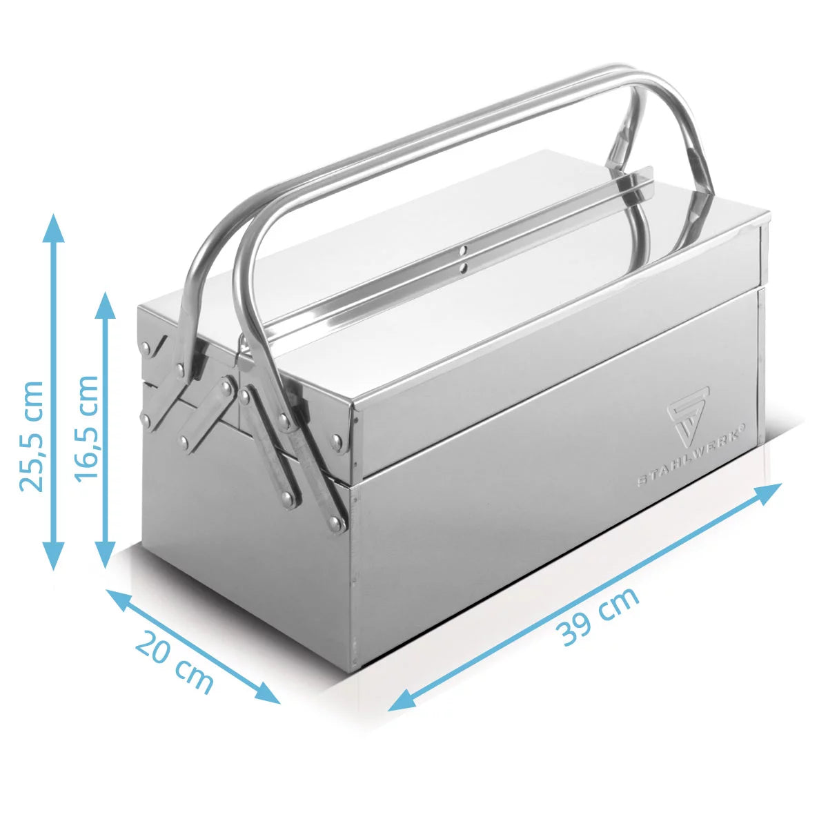 STAHLWERK tool box made of stainless steel | Metal tool box, extendable to the side | high-quality tool box empty with 3 compartments | Space-saving tool organizer without tools