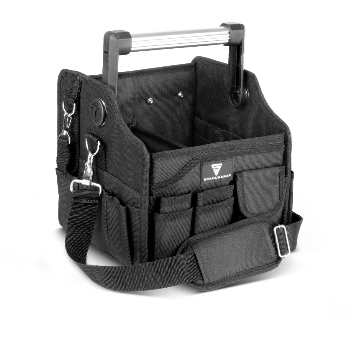 STAHLWERK tool bag with 14 outside pockets | 2 inner compartments | Heavy Duty Electrician Bag | Portable mounting bag with reinforced frame | Aluminum carrying handle and strap | Durable polyester