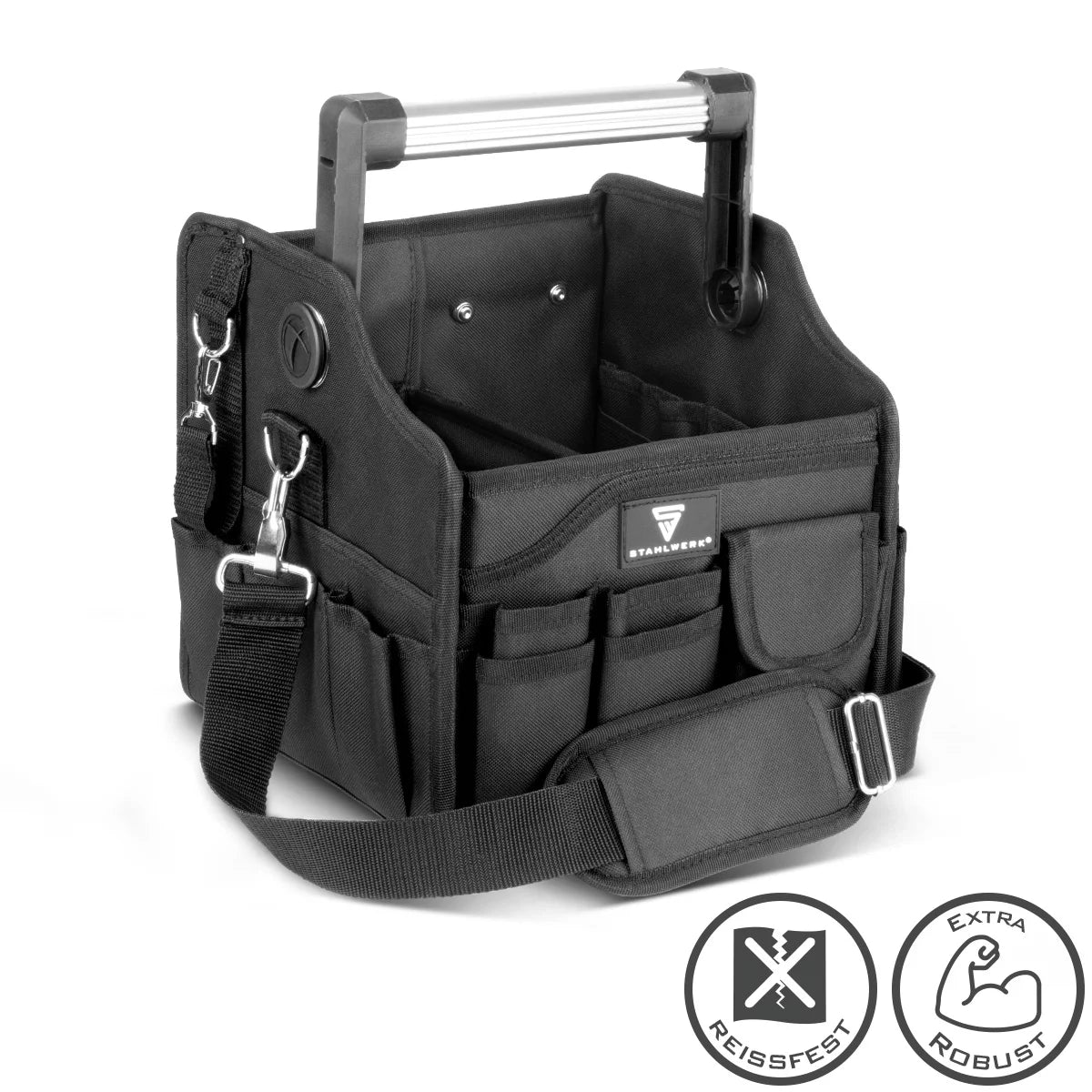 STAHLWERK tool bag with 14 outside pockets | 2 inner compartments | Heavy Duty Electrician Bag | Portable mounting bag with reinforced frame | Aluminum carrying handle and strap | Durable polyester