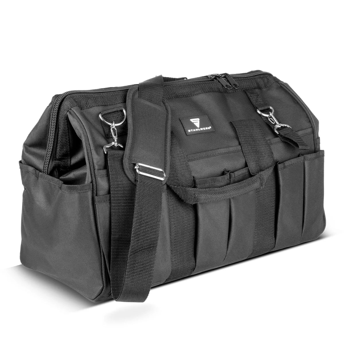 STAHLWERK tool bag | 15 external and 6 internal compartments | Wide-opening plumber bag | Portable tool box | Mounting bag with double handle and strap | Durable polyester fabric