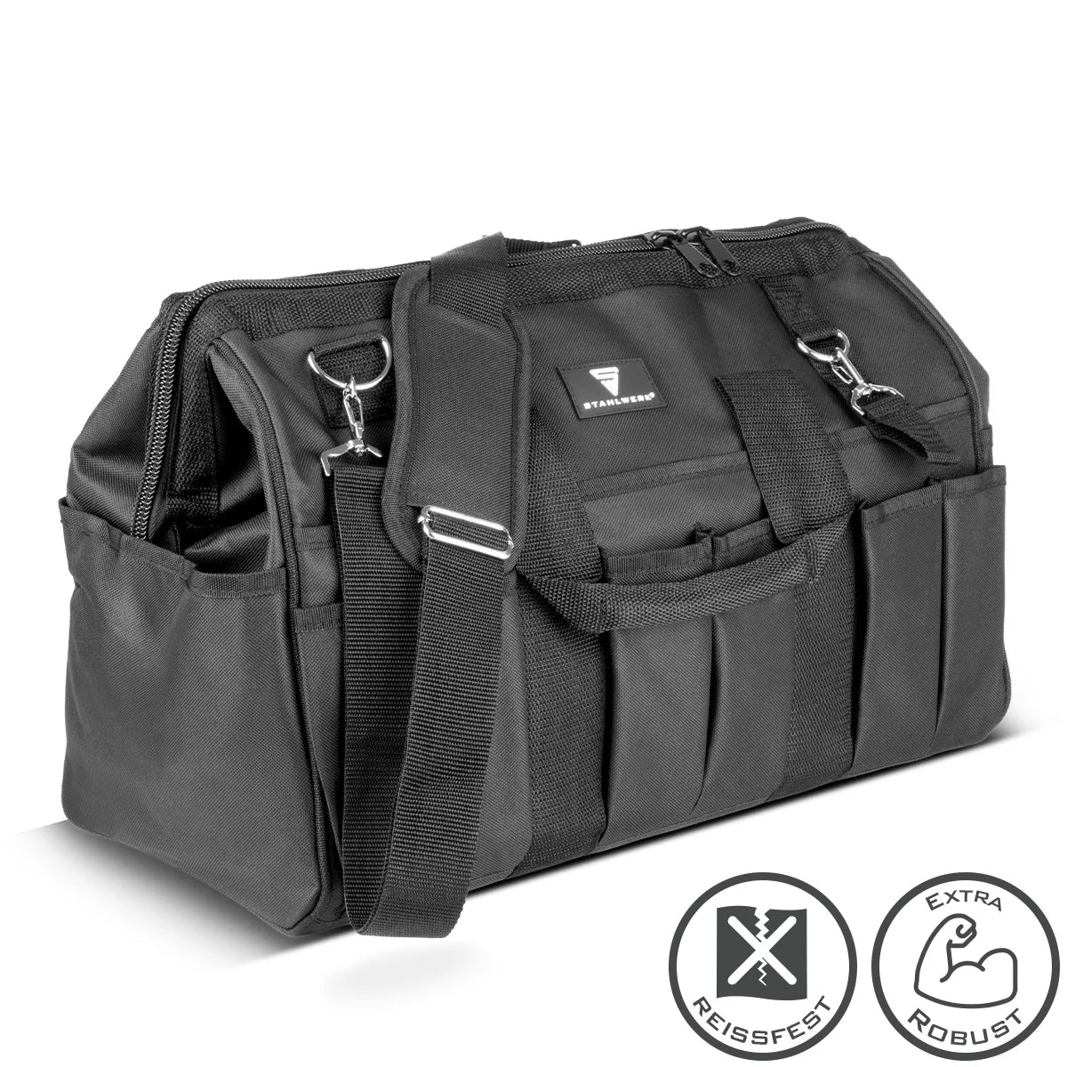 STAHLWERK tool bag | 15 external and 6 internal compartments | Wide-opening plumber bag | Portable tool box | Mounting bag with double handle and strap | Durable polyester fabric