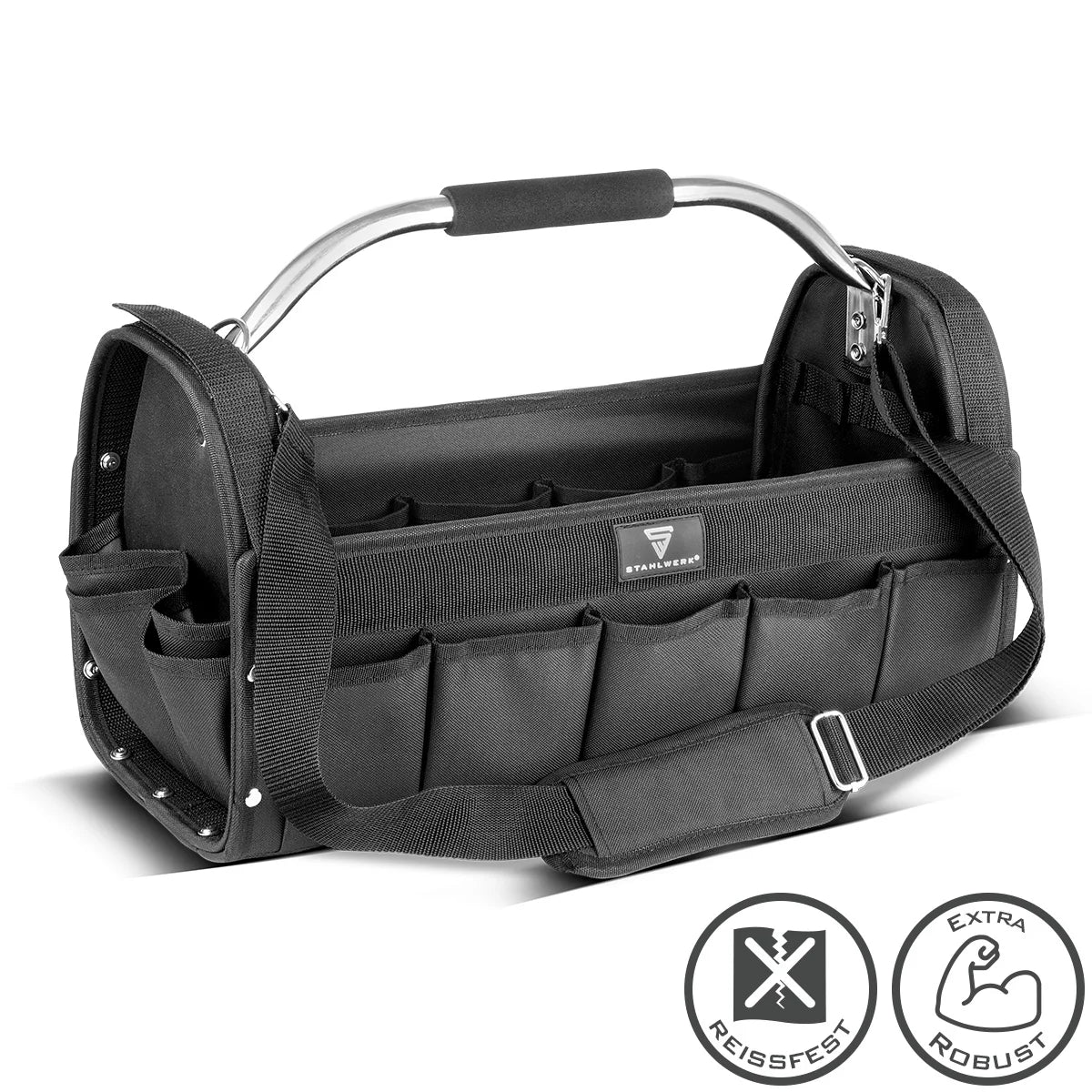 STAHLWERK tool bag | 18 outside and 10 inside pockets | Robust installer bag | Portable tool box | Assembly bag with carrying handle and shoulder strap | Durable polyester fabric