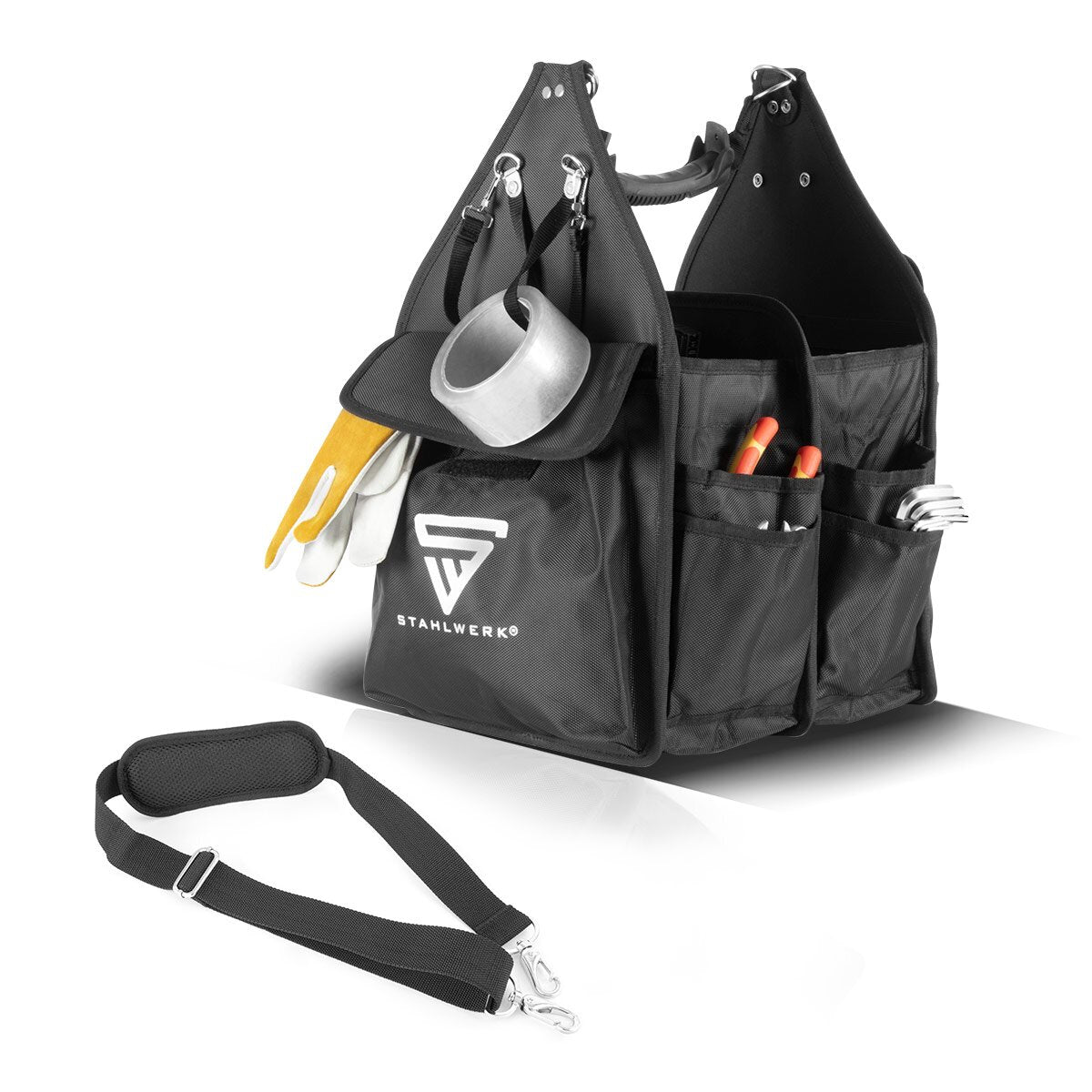 STAHLWERK Werkzeugtasche mit 11 Außentaschen und 2 großen Innenfächern mit jeweils 5 Innentaschen, robuste Montagetasche / Werkzeugkoffer / Werkzeugbeutel mit Tragegriff und Schultergurt aus strapazierfähigem Polyester-Gewebe