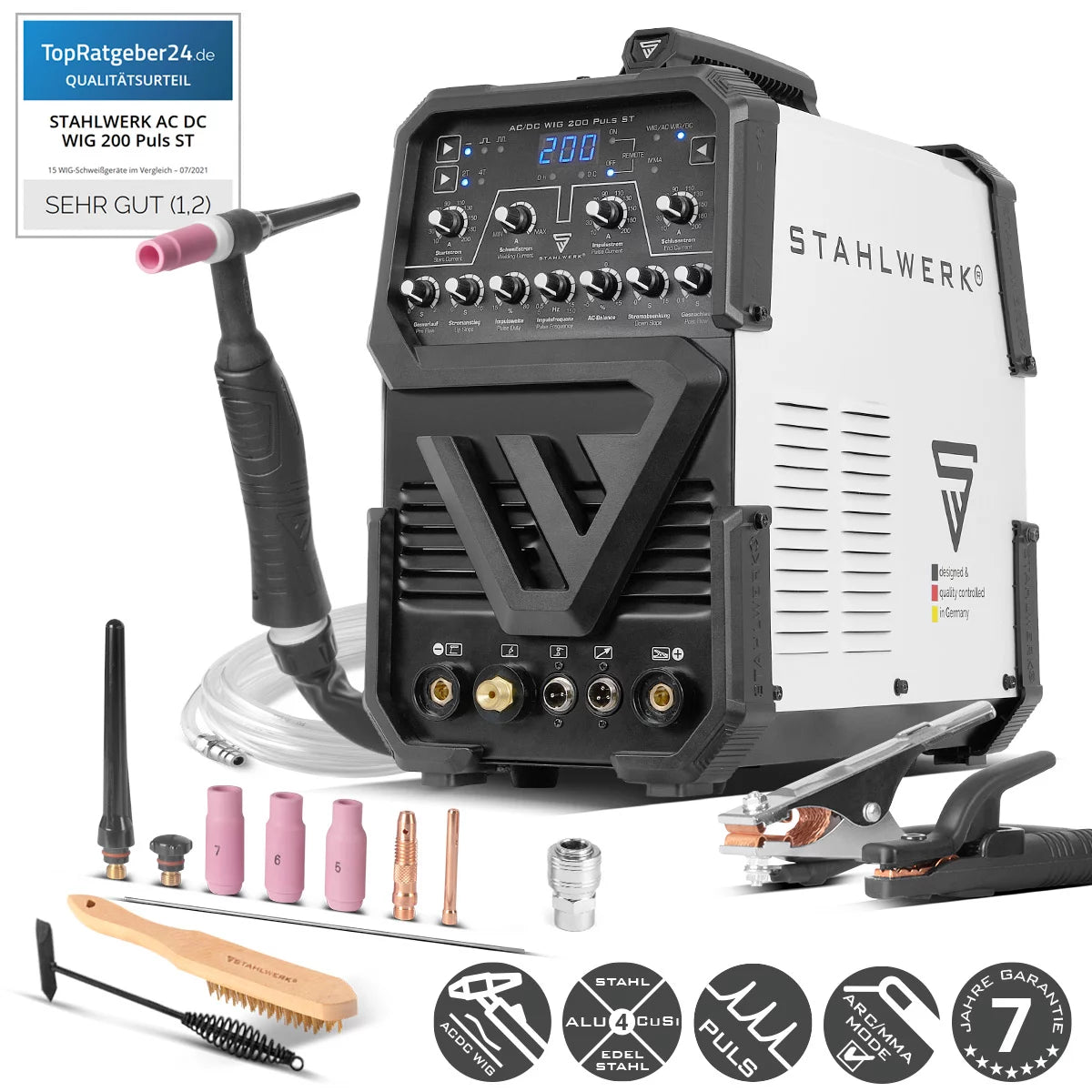 STAHLWERK AC/DC TIG 200 Impulsi ST | Saldatore TIG da 200 Amp | Convertitore combinato AC/DC TIG e MMA/E-hand | Modalità 2T/4T | Adatto per fogli sottili | Modalità AC per alluminio | Avvio a caldo e antiaderente
