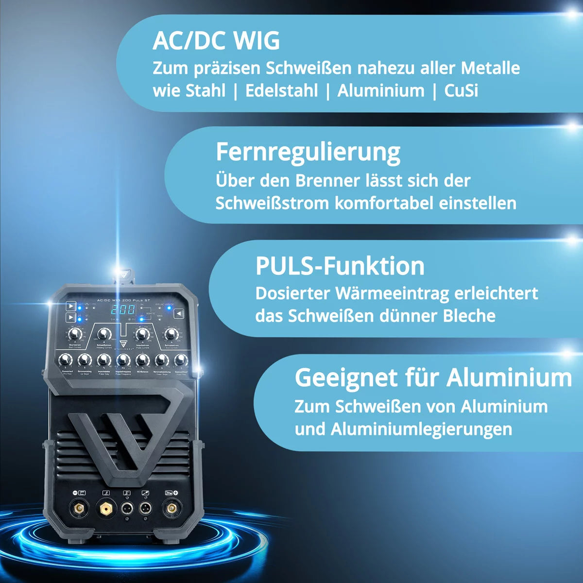 STAHLWERK AC/DC TIG 200 Puls ST fully equipped | 200 Amp TIG Welder | AC/DC TIG and MMA/E-hand combination inverter | 2T/4T mode | Thin sheet suitable | AC mode for aluminum